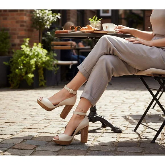 Sun & Stone Retro Peep Toe Pumps Stacked Heels Sandals 10 M White Bone Ivory - Picture 2 of 16